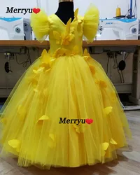 Yellow Ball Gown Flower Girl Dresses For Wedding  Butterfly Pageant Gowns Short Puffly Sleeve Tulle  Birthday Dress