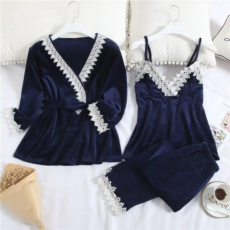 Women Autumn Winter Flannel Warm Sleepwear Suits Patchwork White Lace Simple Pajama Sets