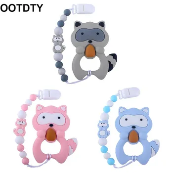 

Cartoon Animal Raccoon Tooth Gel Pacifier Chain Newborn Silicone Nipple Clip Baby Teether Set