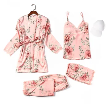 

Printed Lace Harness Nightgown Pajamas Four-piece Sets Retro Elegant Silk Sleepwear Female 2020 Spring Summer Woman Pijama Set