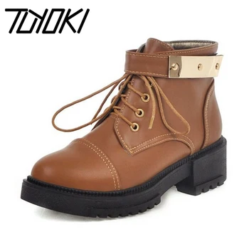 

Tuyoki Women Pu Leather Ankle Boots Buckle Chunky Heels Outdoor Round Toe Platform Short Boots Winter Botas Size 34-40