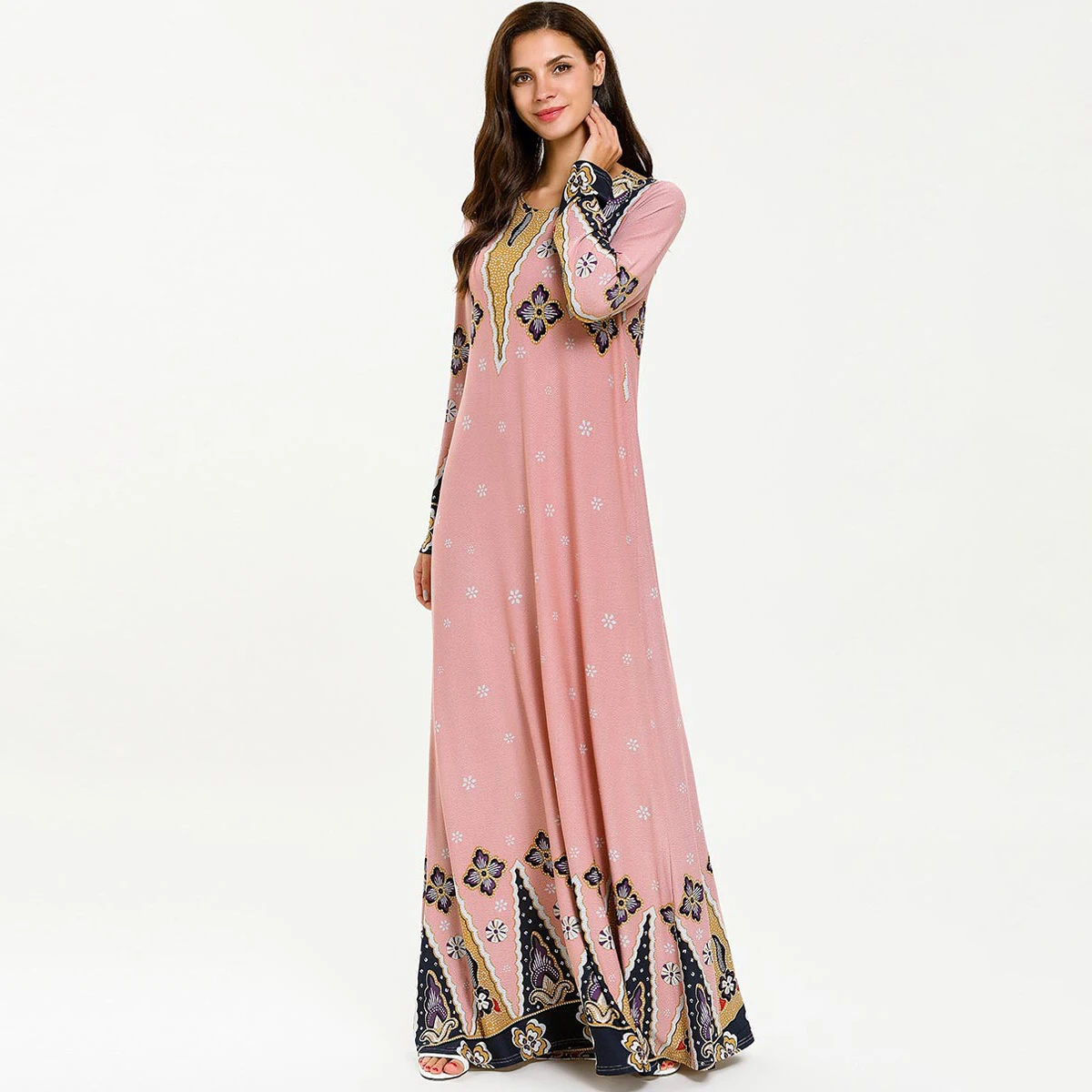 

Мусульманское платье Абая для женщин, Модное Новое Стильное трикотажное платье с длинными рукавами и этническим принтом, стрейчевое мусульманское платье Абая из Дубая