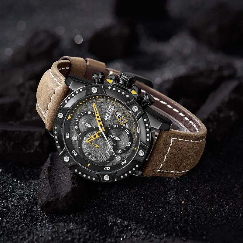 Gorben Luxury Male Watch Fashion Sport Stainless Steel Case Leather Band watch Quartz Business Wristwatch Men Gifts