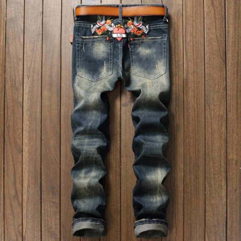 

Big size 28-38 2020 New Blue Jeans Men Fashion Floral Printed Slim Fit Straight Jeans Hombre Casual Flower Pattern Punk Jeans