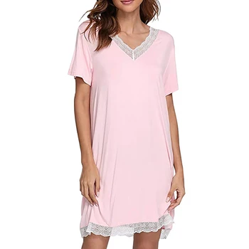 

2020 fashion new women's cotton short-sleeved soft solid color casual comfortable splice lace short-sleeved long nightdress