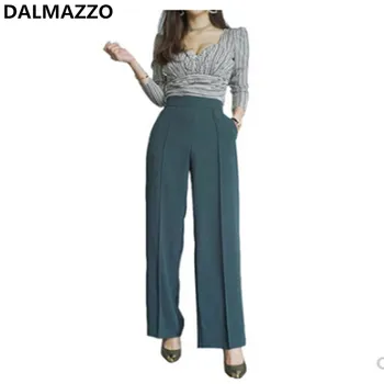 

2019 Newest Autumn Design High Quality Women OL Fashion Suit V Neck Short Tops + Wide Leg Long Pants Suits 2 Piece Sets XL