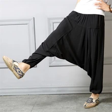 Ретро мужские японские Свободные Штаны-шаровары Хип-хоп черные широкие брюки с заниженной шаговым швом джоггеры Йога Цыганский танцевальный костюм