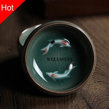 

1pcs Chinese Longquan Celadon Porcelain China Teacups SaucerTea Bowl Golden Fish 70ml China Tea Pot Crackle Tea Set