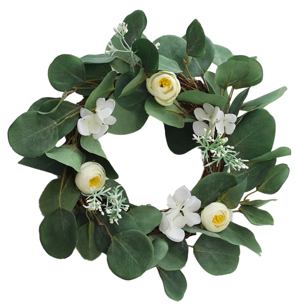 13.8 Inch Succulent Vine Wreath with White Flowers Arrangement for Front Door Home Office Real Twig Based Back
