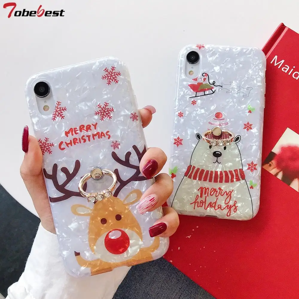 

Christmas Elk Shell Phone Case for iPhone XS MAX Soft TPU Silicone Case for iPhone 11 pro Max X XR 8 Plus Cover with Finger Ring