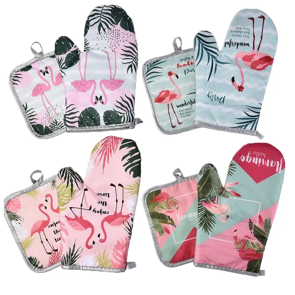 2PCS 1 Set Cotton Fashion Flamingo Kitchen Pad Cooking Microwave Baking BBQ Oven Potholders Oven Mitts Kitchen Gloves Mitts