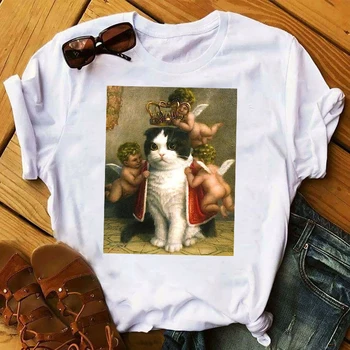 

Women 2020 Painting Crown Cat Angle Print Aesthetic Kawaii Tops Clothes Shirt Tee Top Tshirts T Graphic Female Womens T-Shirt