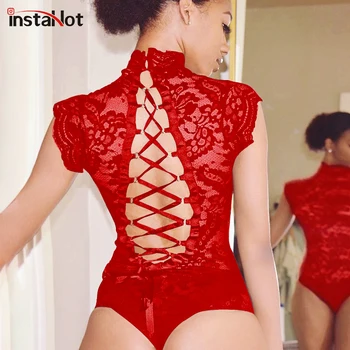 

InstaHot Mesh Lace Bodysuit Women Sexy Backless Lace Up Sleeveless Rompers Party Club Ruffles Black White Slim Bodysuit Playsuit