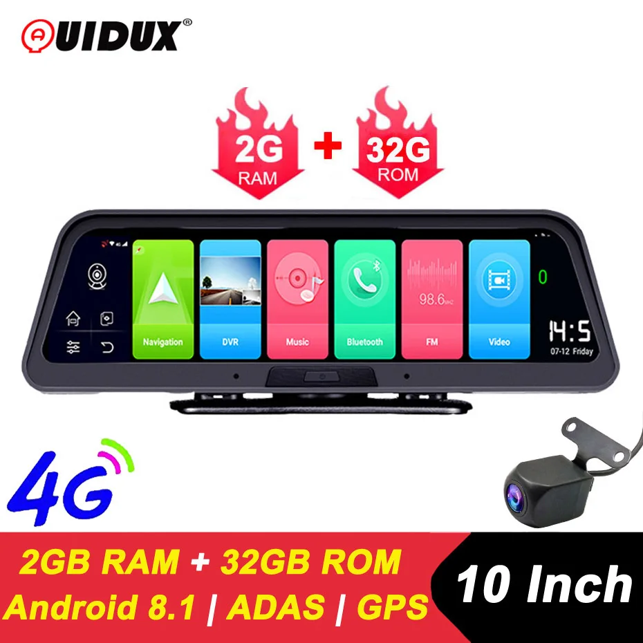 QUIDUX 10 Inch 4G Car DVR Camera GPS FHD 1080P Android Dash Cam Navigation ADAS Car Video Recorder Dual Lens with Reverse camera