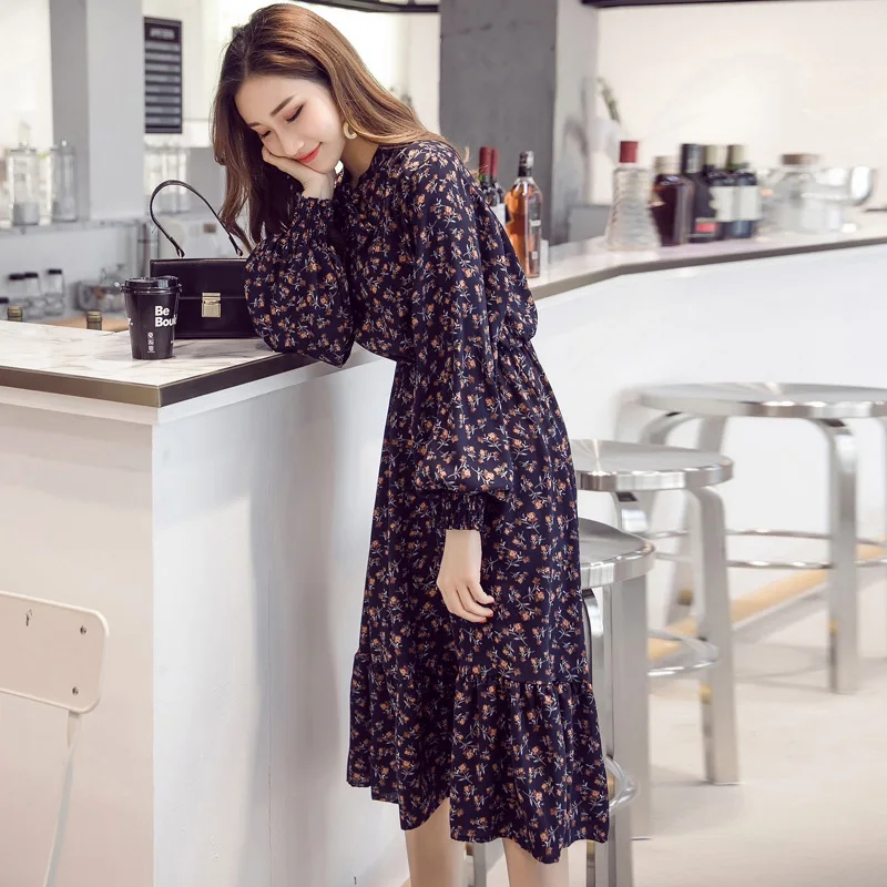 

New Women's Loose Chiffon Dress in Spring and Autumn of 2019 French Long-sleeved Broken Flower dress