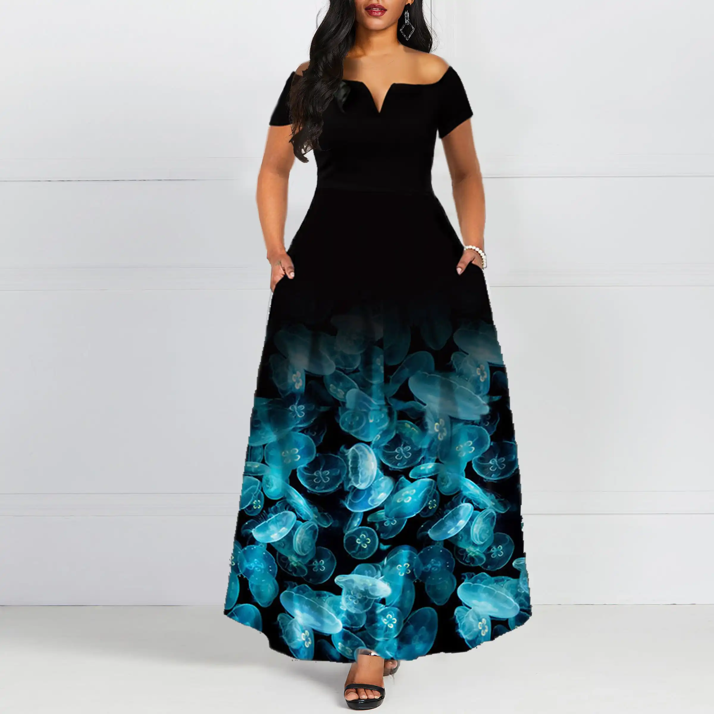 off shoulder maxi dress with pockets