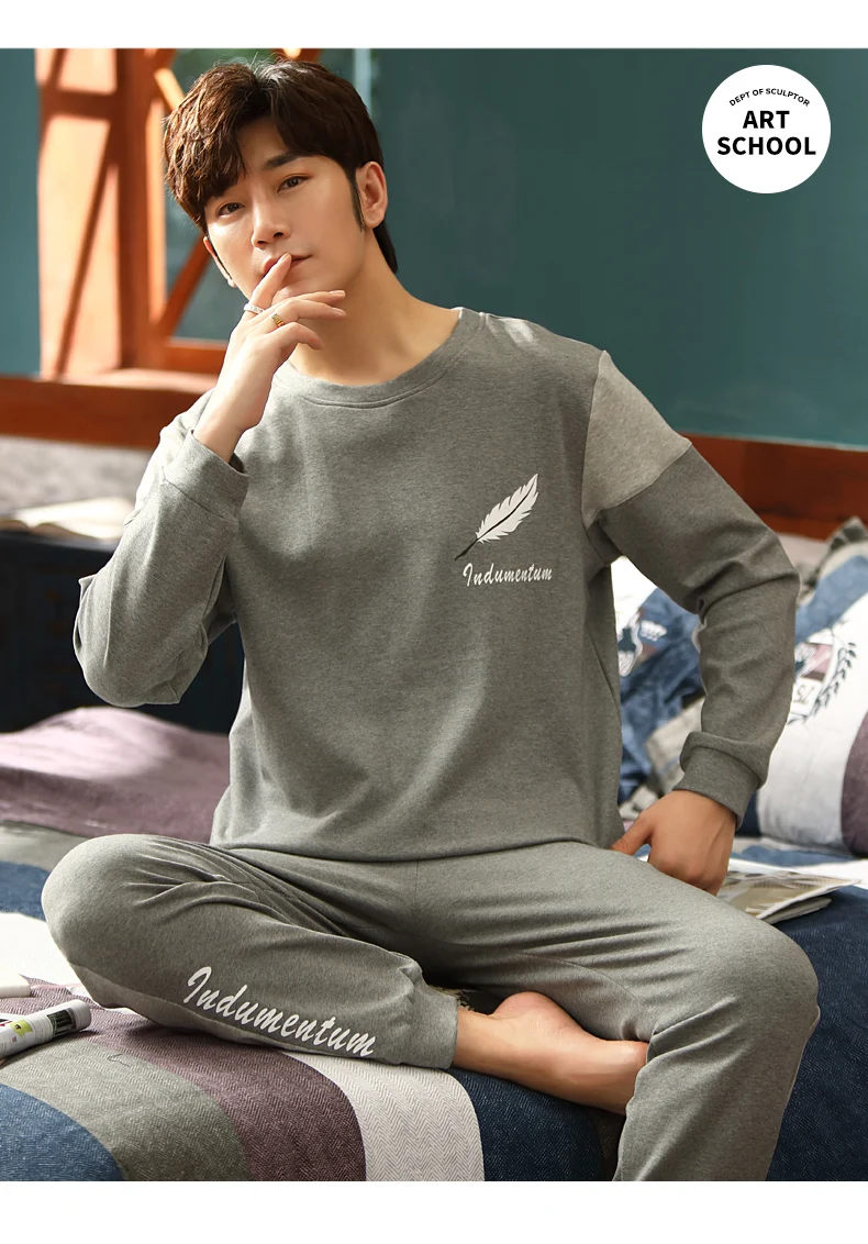 mens short pjs Men Pajama Set Soft Comfortable Spring Autumn Winter Long Sleeve Pants Home Wear Plus Size M-XXXL Full Pure Cotton Pajamas Suit cotton pjs