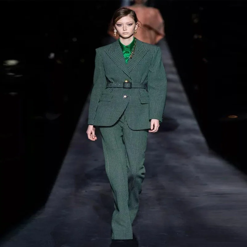 

Autumn 2019 Green Chequered Suit Belt Professional Coat Trousers Two-piece Suit Sashes Turn-down Collar Women 2 Piece Sets