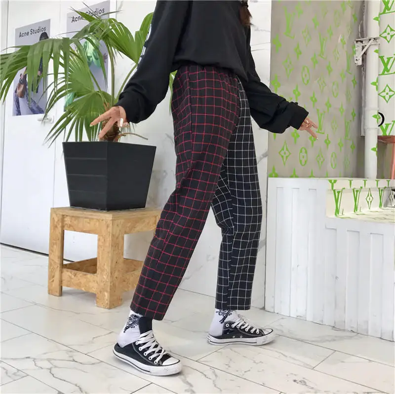 Vintage Paid Patchwork Pants Harajuku Woman Man Pants Elastics Tall Tail Pants Korean Causal Rights Pants - Цвет: black black pants