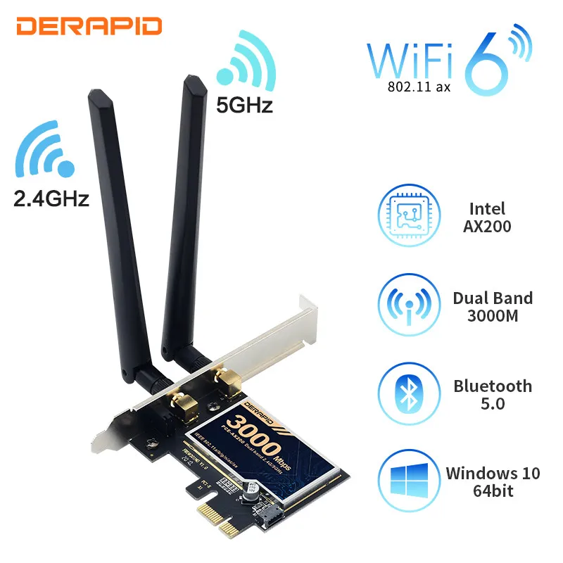 

2.4Gbps Wireless Adapter Gigabit PCIe Wi-Fi 6 AX200 Wifi Card PCI-E 1X Dual Band 2974Mbps Bluetooth 5.1 2.4G/5Ghz 802.11Ac/AX