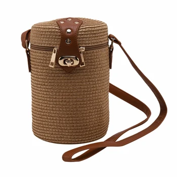 

AUAU-Bucket-Shaped Pp Grass Casual Woven Women's Bag Retro Messenger Straw Beach Bag