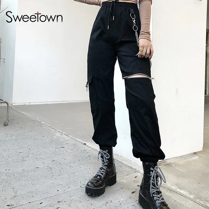 Sweetown Goth Black Cargo Pants Women 