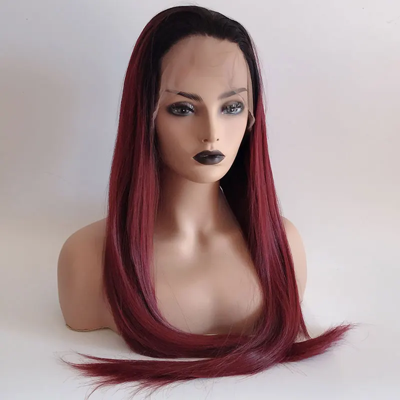 Bombshell черные укоренившиеся вино красные прямые синтетические волосы 13*3 дюймов парик на кружеве термостойкие волокна натуральные волосы для женщин