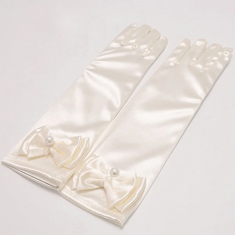 Длинные атласные перчатки для детей, перчатки для свадебной вечеринки, перчатки для девочек, держащих букет невесты на свадьбе, атласные перчатки - Цвет: Бежевый