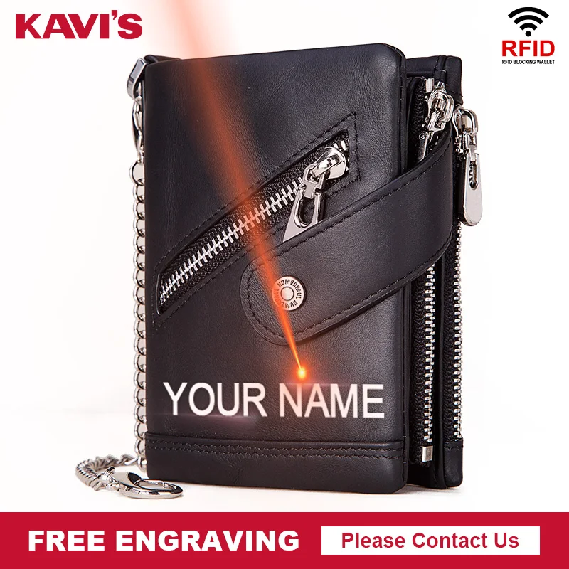 KAVIS DIY гравировка натуральная кожа Для мужчин бумажник Rfid Монета кошелек черный