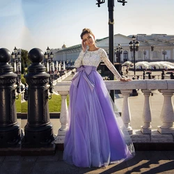 2022 Purple Tulle Lace Prom Dress Long Sleeve Floor Length Evening Dresses Elegant Backless Bows Party Gowns For Women New