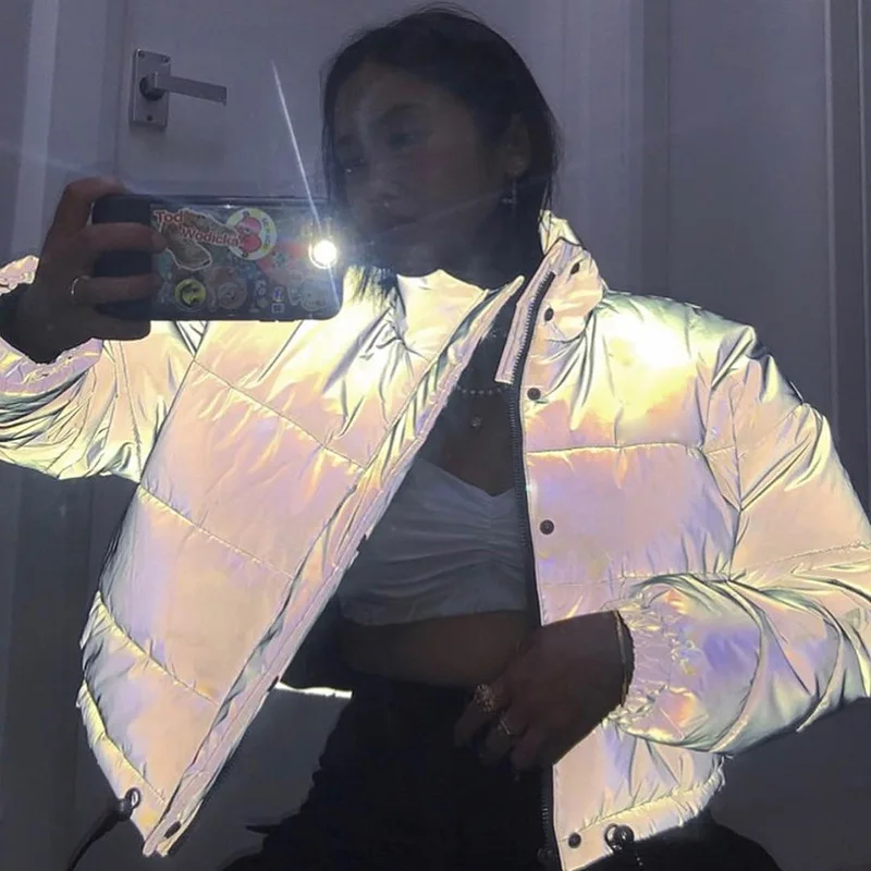 lower price  Reflective Gray Zipper Oversized Women Jackets Long Sleeve Button Loose Thick Cropped Jacket Sexy S