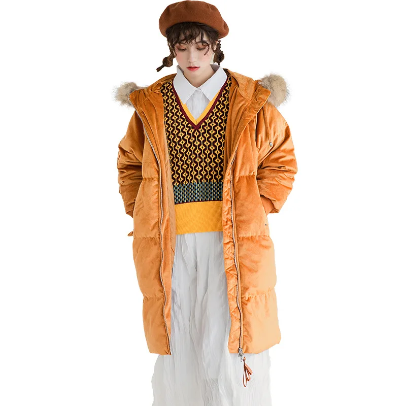 

2020 Ladies winter new raccoon fur collar gold velvet down jacket mid-length hooded thick white duck down fashion coat