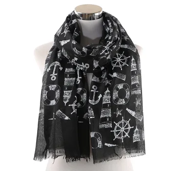 

2019 Fashion White Black Nautical Theme Scarfs For Ladies Viscose Wheel Print Women Wrap Scarf Shawls Stole