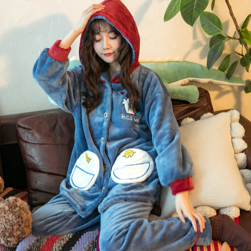 

Coral Velvet Pajamas Women's Autumn And Winter Cartoon Cute Students Long Sleeve Hooded Flannel Pajamas Set Winter Exclusive Ver