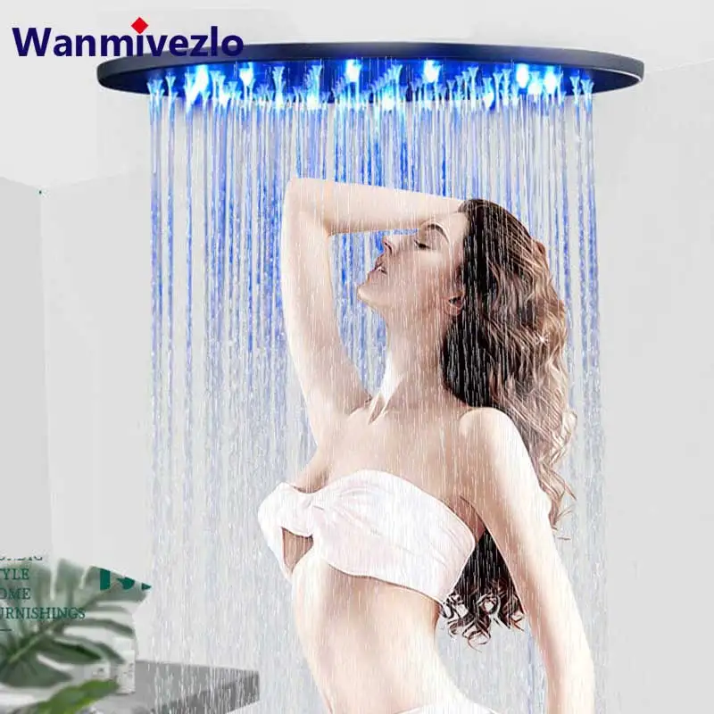 

Black Ceiling Mounted LED Light Bathroom Shower Head 16 inch Big Rainfall Shower Faucet Accessory Top Round Brass Shower head
