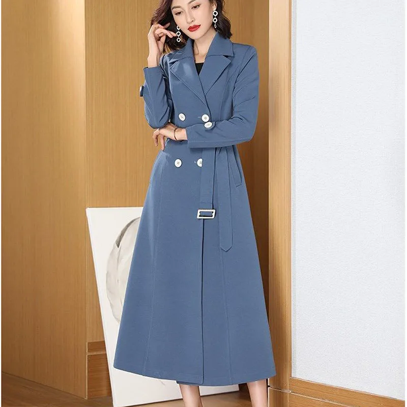 

Women Long Trench Coat 2022 New Spring Autumn Lapel Double Breasted Slim Windbreaker England Style Ladies Overcoat Manteau Femme