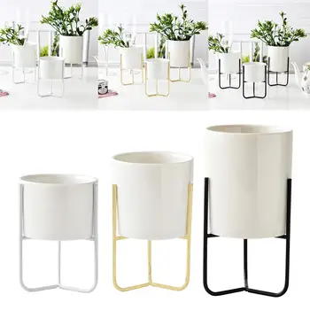 

Nordic Style Ceramic Flower Pot Planter Iron Frame Plant Holder Green Plant Flower Pot Desk Office Decoration Ornament