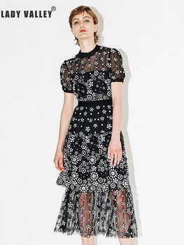 

Free shipping Heavy craft embroidery mesh sequins sexy cutout dress ladies summer new waist multi-layer A word swing