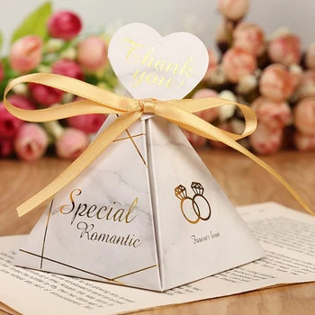 

50Pcs/Set Romantic Triangular Candy Box Wedding Favors Party Supplies Paper Gift Boxes with Thanks Card&Ribbon