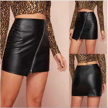 

2019 Vintage Womens Skirt Fashion Slim Front Zip PU Leather High Waist Bust Mini Skirt Clubwear Evening Party Skirt Black Gothic