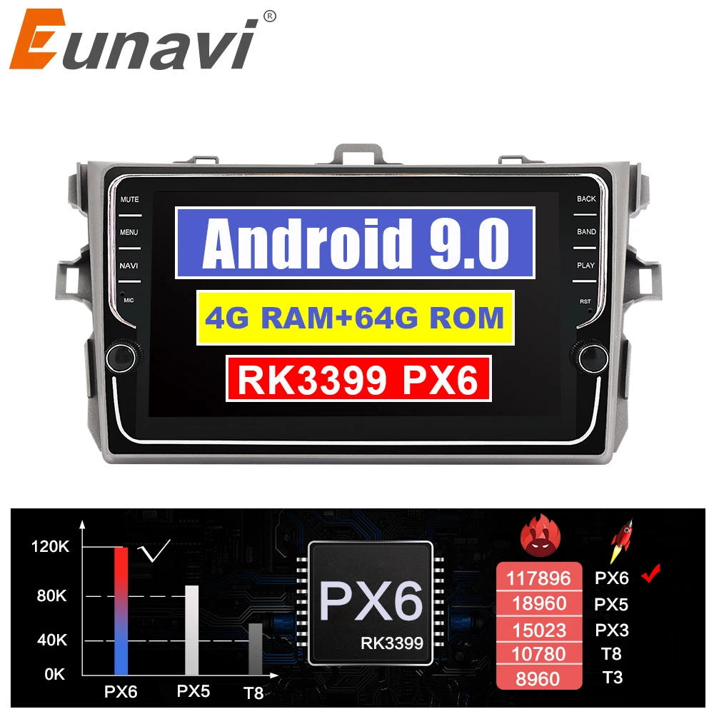 Eunavi 4G+ 64G Octa 8 ядерный android 9,0 автомобильный dvd для Toyota Corolla E140/150 2007-2011 мультимедийный автомобильный Радио gps navi PX6 радио