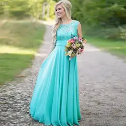 Cheap Country Turquoise Mint Bridesmaid Dresses Illusion Neck Lace Beaded Top Chiffon Long Plus Size Maid of Honor Wedding Party