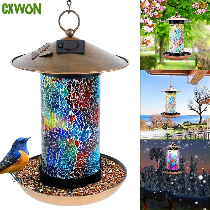 Solar Bird Feeder Light Outdoor Mosaic RGB Pendant Light Hanging Bird Water Feeder Waterproof Patio Garden Decor Night Light shepherd hooks bird feeder pole garden hanging plants basket hanger metal for light solar lantern jar wind chimes garden stake