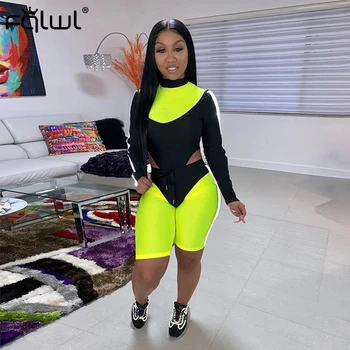 

FQLWL Patchwork Two Piece Set Women Sport suit 2019 Long Sleeve Crop Top and Biker Shorts Set Ladies Tracksuit Female Sweat suit