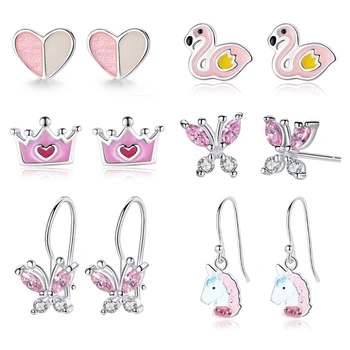 

2019 Christmas Jewelry Lovely Pink Flamingo Butterfly Earrings for Kids Children S925 Sterling Silver Heart Stud Earring Gift
