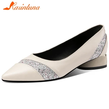 

Karinluna New Design 2020 Genuine Cow Leather Strange Style Shallow Shoes Woman Pumps Slip On Pointed Toe Casual Pumps Women