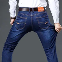Осенние мужские джинсы из хлопка высокого качества Модные джинсы деловые повседневные Стрейчевые прямые джинсы классические джинсовые брюки
