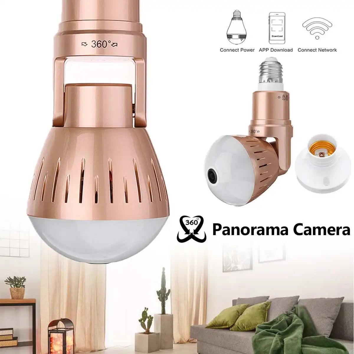 

Wireless WiFi Inductive Bulb Camera 360 Degree Panoramic Rotating Infrared Night Vision Monitor Real-time Monitoring