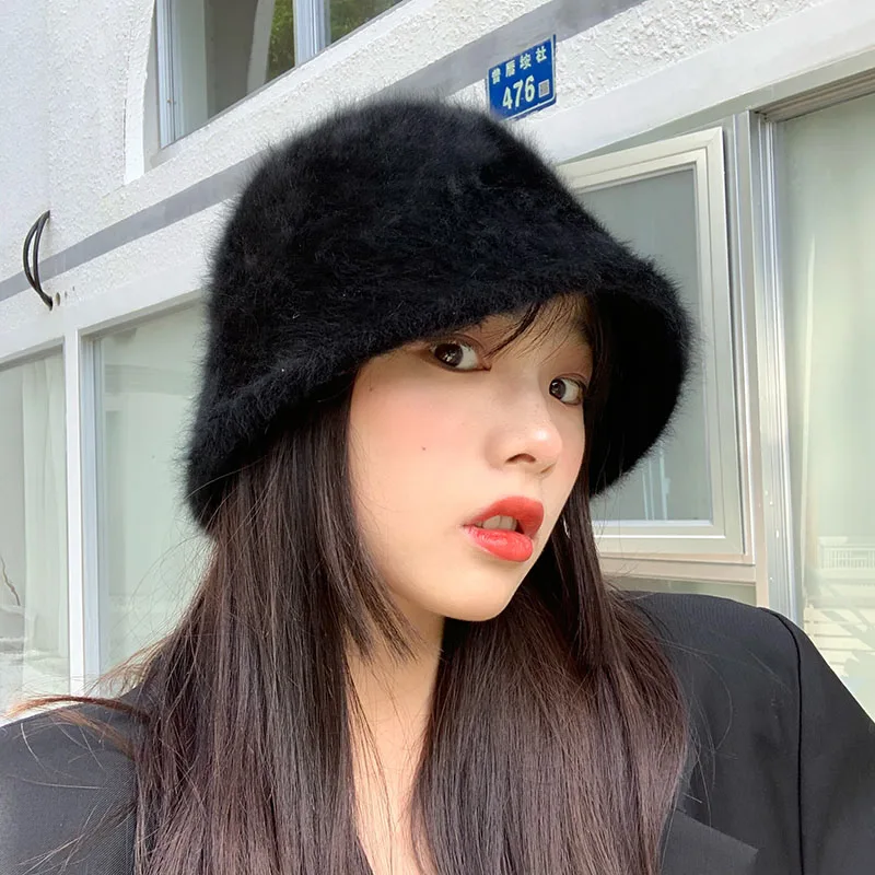 Women Bucket Hat winter fashion Solid color rabbit fur hat bucket cap fisherman's hat retro knitted wool basin Bucket Hat women bucket hat women hat bucket hat