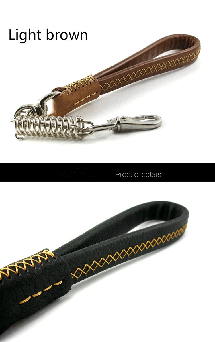 Dog Short chain leash Explosion proof large dog lead PU leather handle big dog leashes Spring buffer black metal pet traction (2)